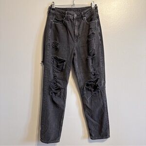 American Eagle Mom Jeans Black Distressed High Rise Ripped Denim Size 6